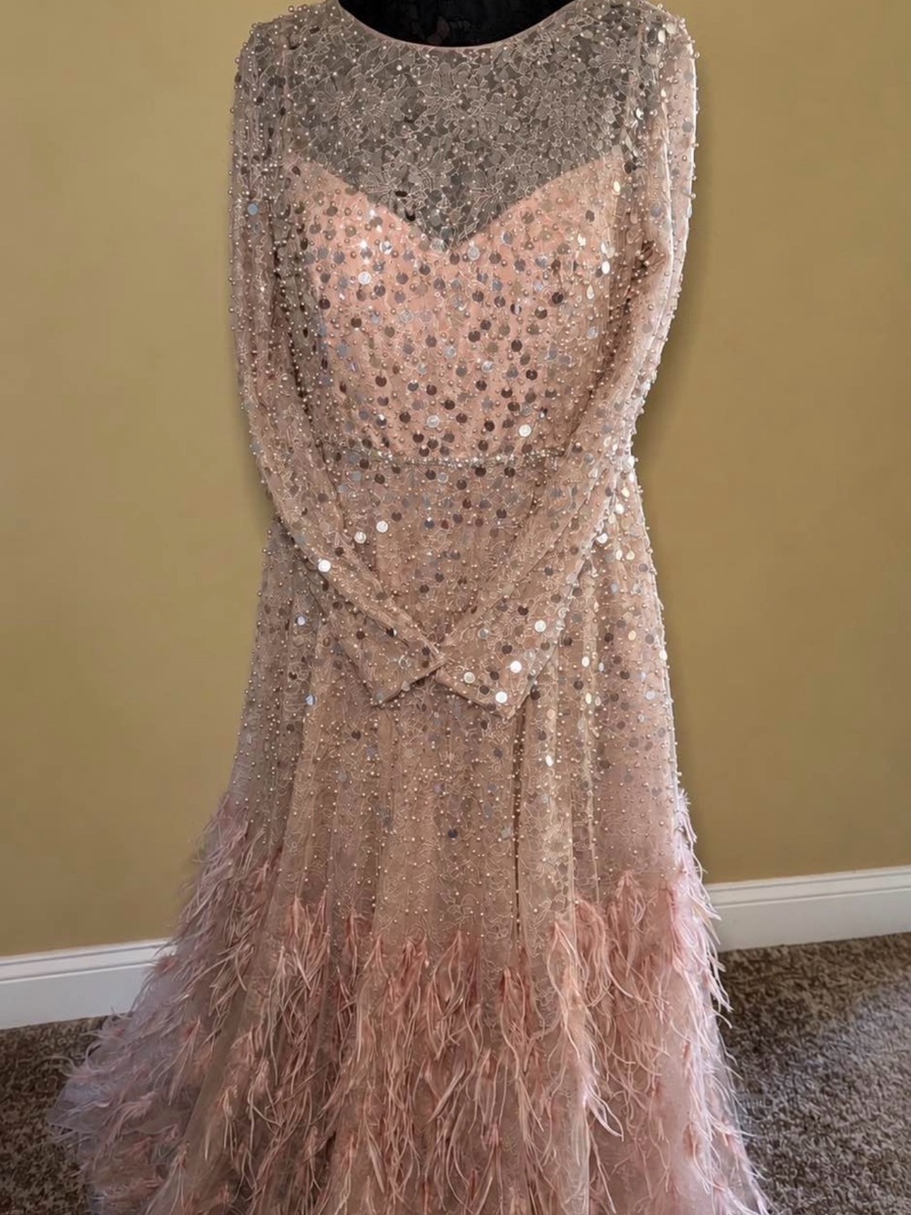 Mac Duggal Blush Pink Sequin & Feather Long-Sleeve Gown